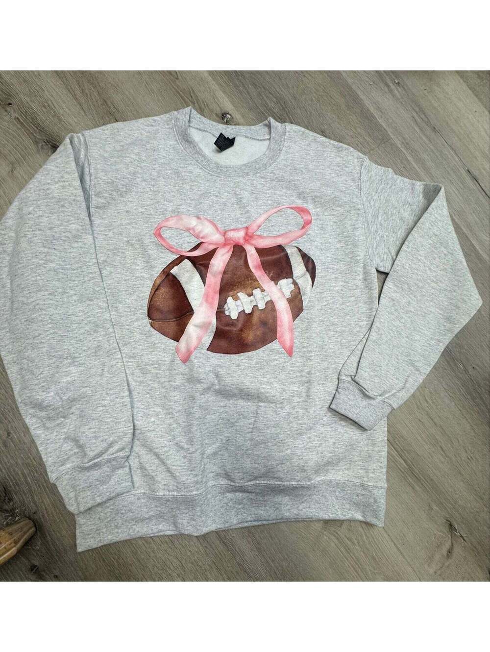 #2s - Football with a bow gray crewneck sweatshirt